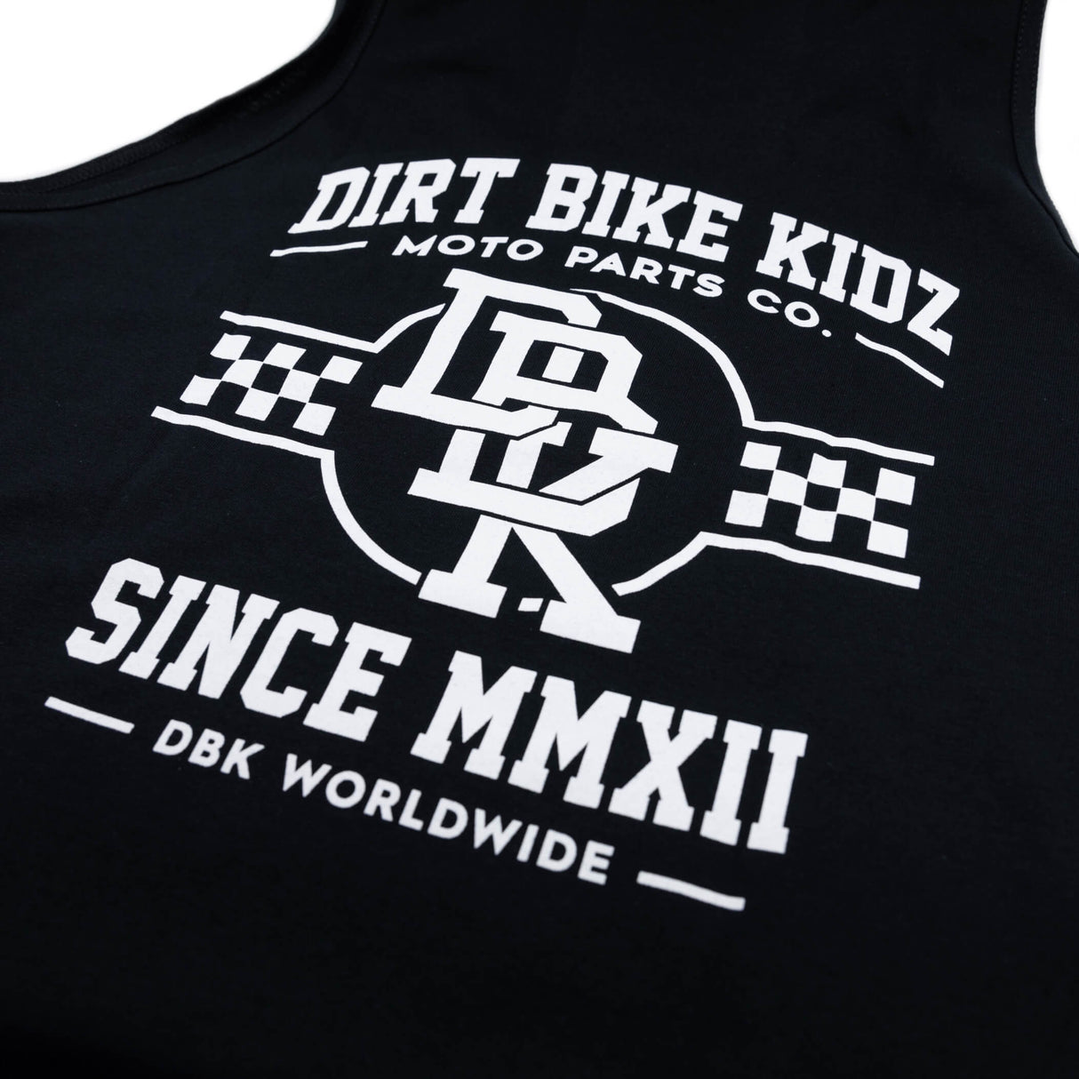 Black youth tank top front graphic with 'DIRT BIKE KIDZ' text and checkered bars.
