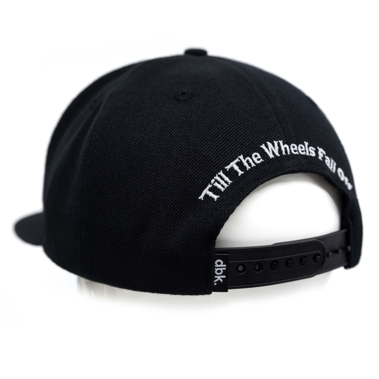 Black snapback cap back view with white slogan embroidery and adjustable strap.
