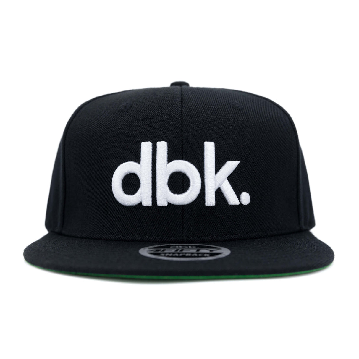 Black snapback cap with large white dbk logo on front panel