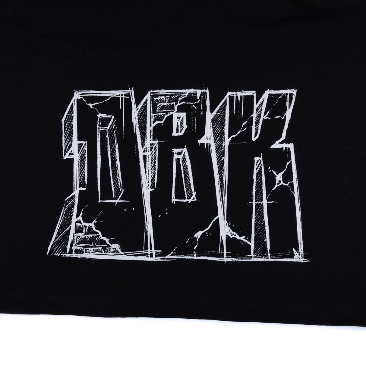 Black T-shirt close-up of large white back graphic lettering