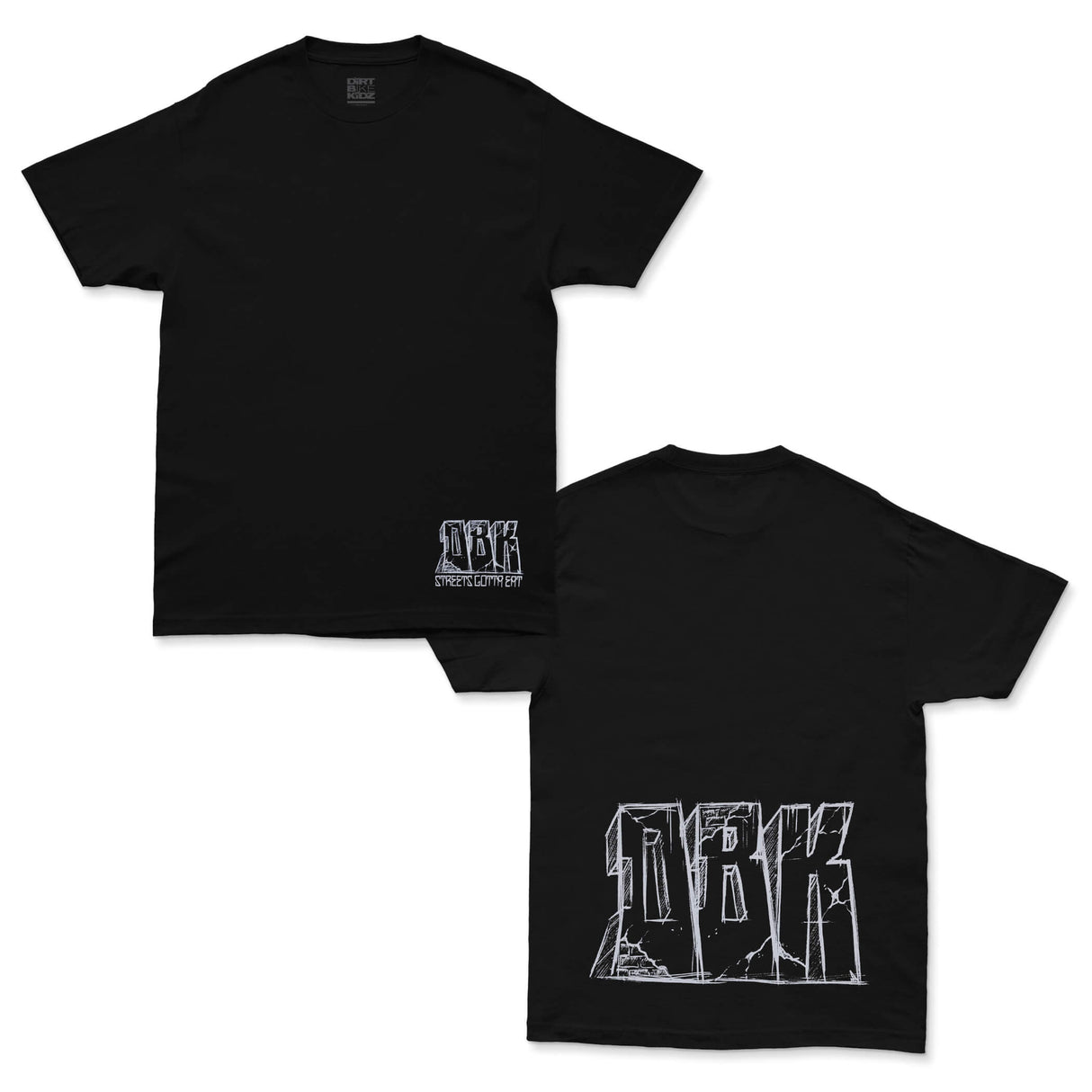 Black T-shirt with small chest logo and large back graphic print