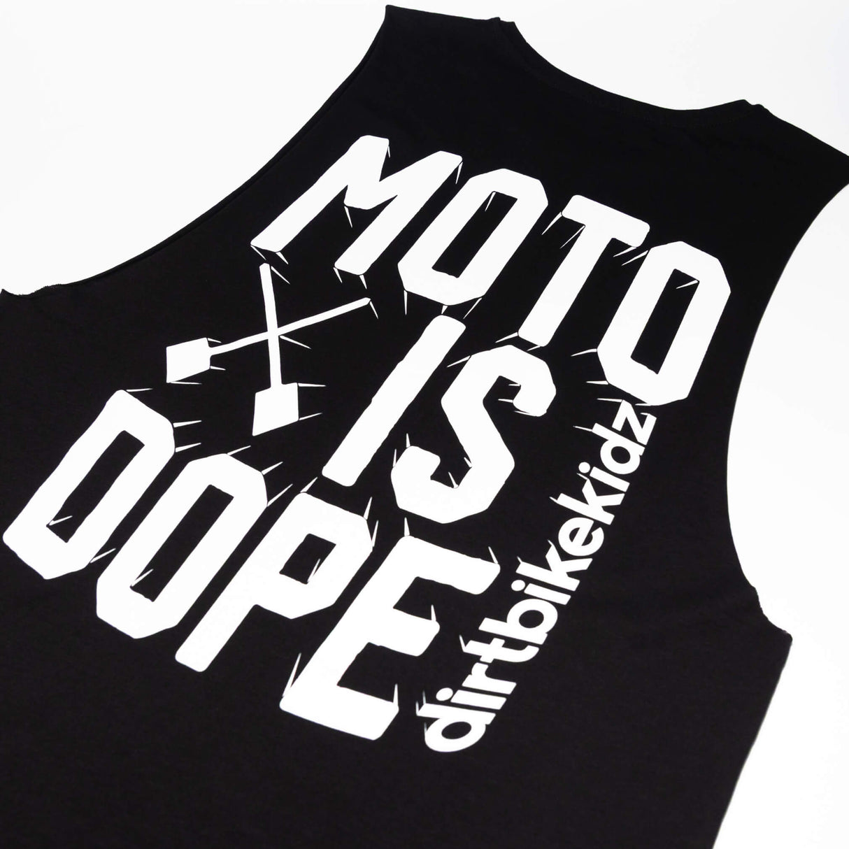 Black tank top with large 'MOTO IS DOPE' front graphic print