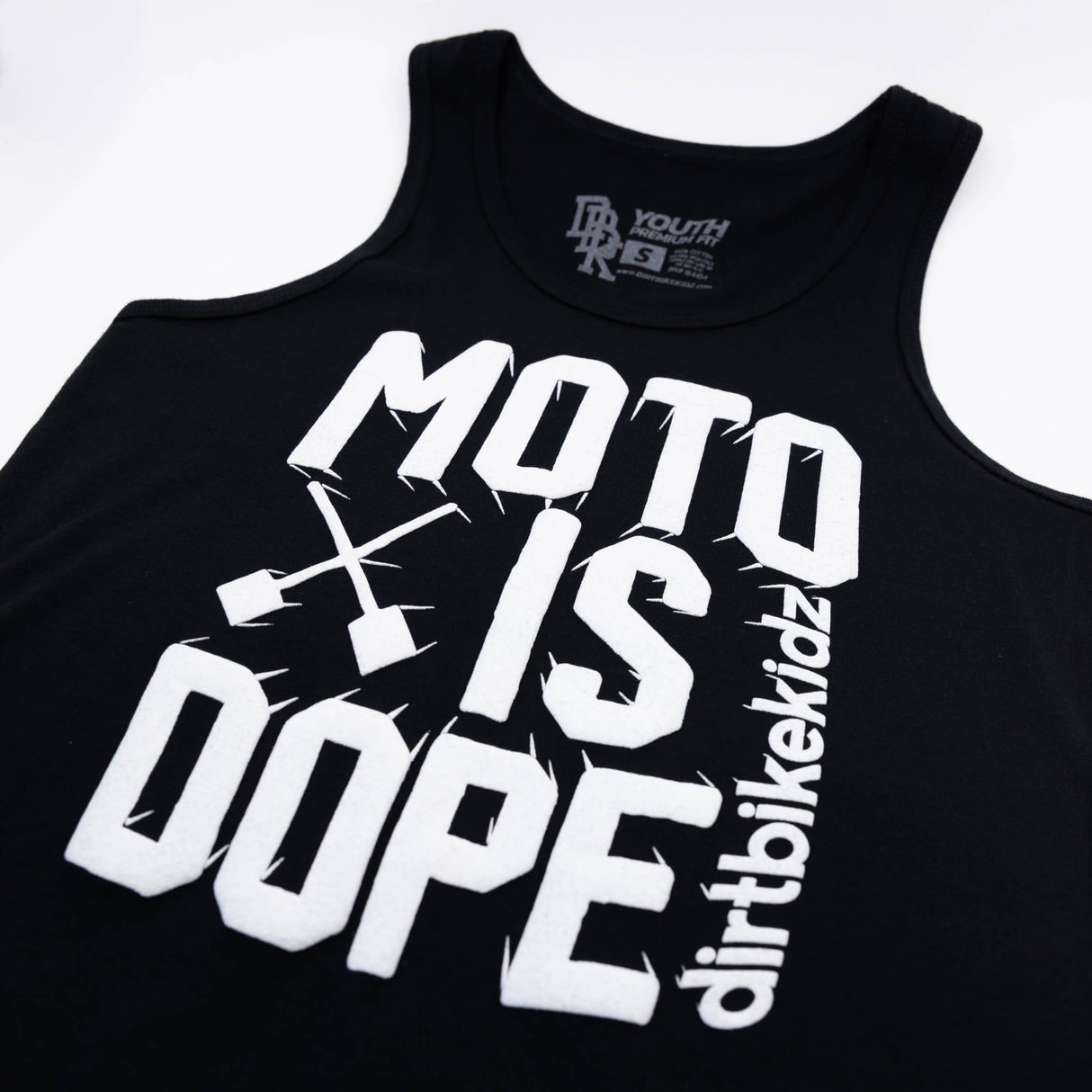 Black youth tank top with bold white Moto Is Dope lettering and vertical bike text