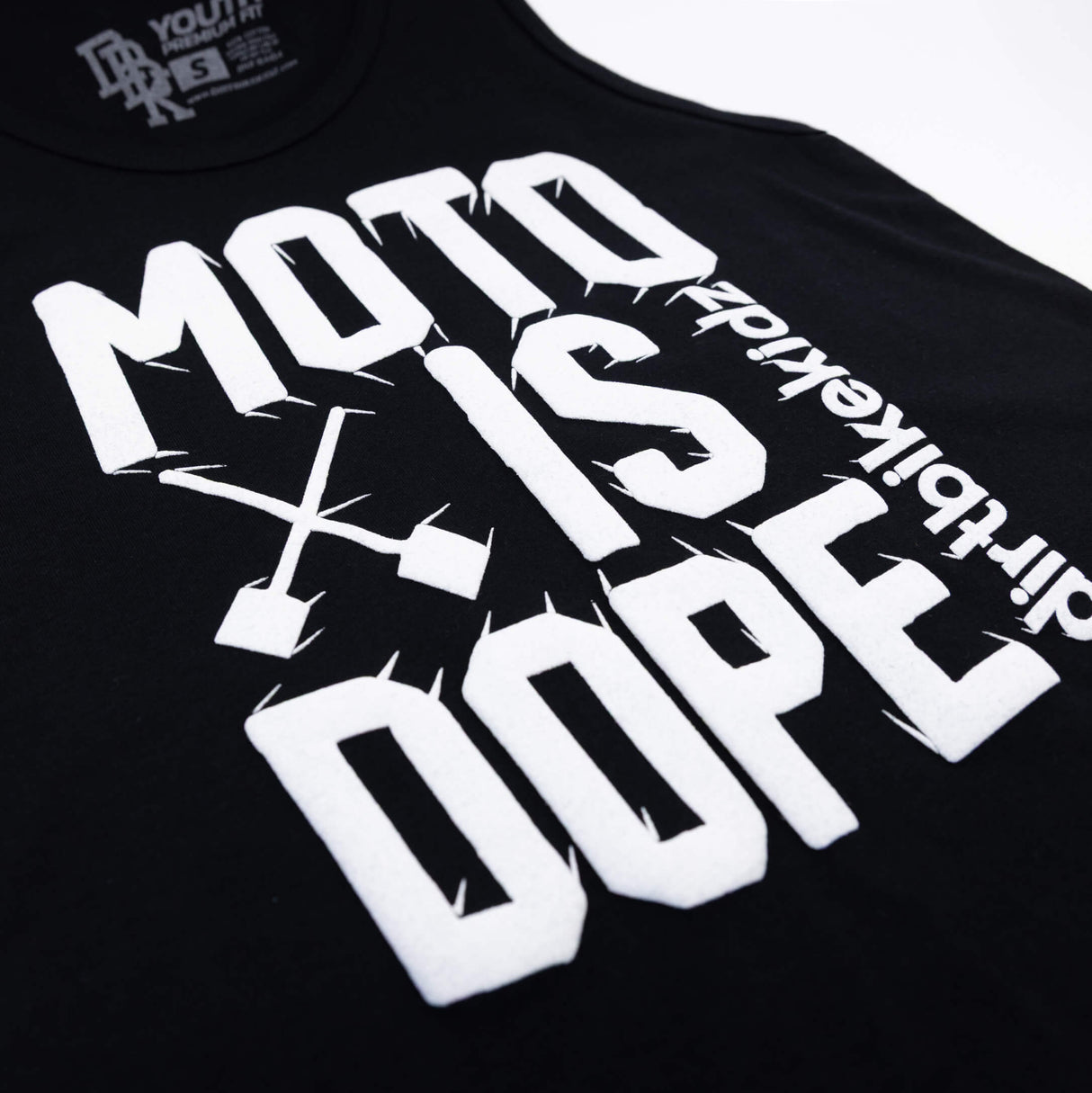 Close-up of white Moto Is Dope graphic on black youth tank top