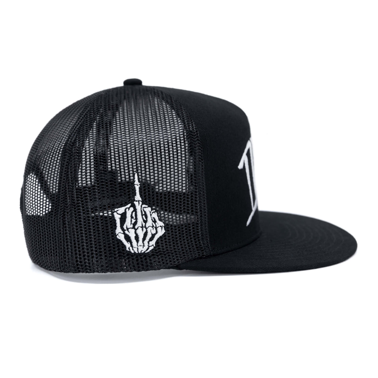 Black trucker cap with mesh back panel and white emblem on the side