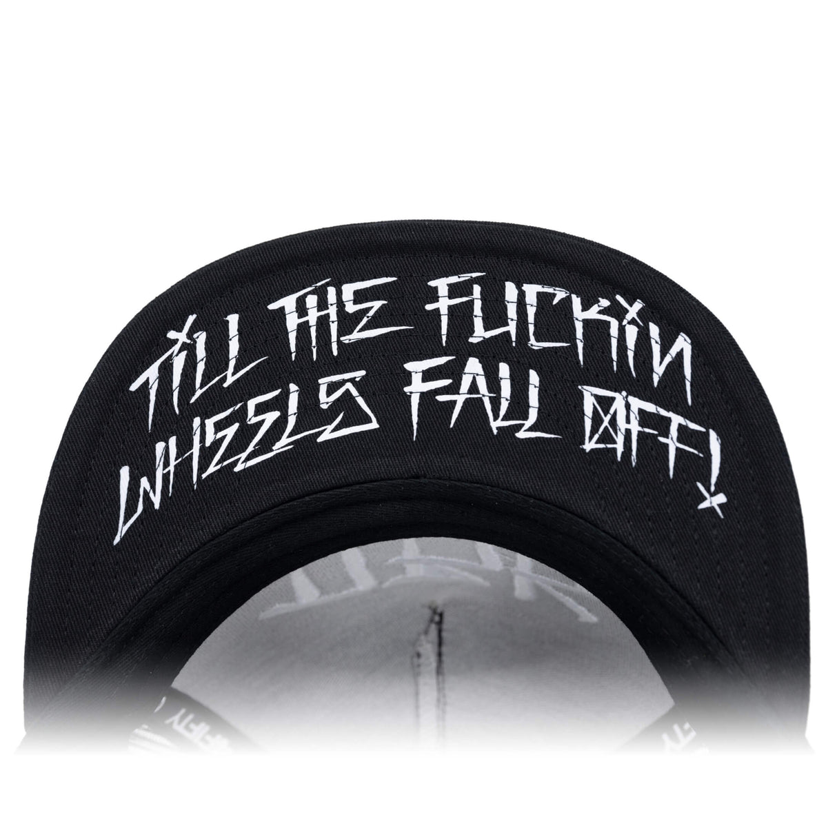 Black cap interior band with white stylized lettering graphic