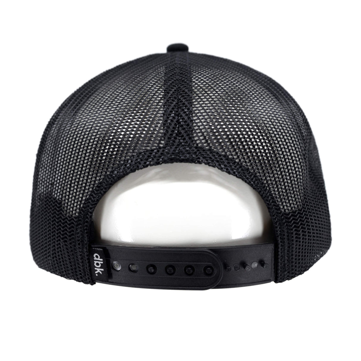 Black trucker cap with open mesh back and adjustable snapback strap