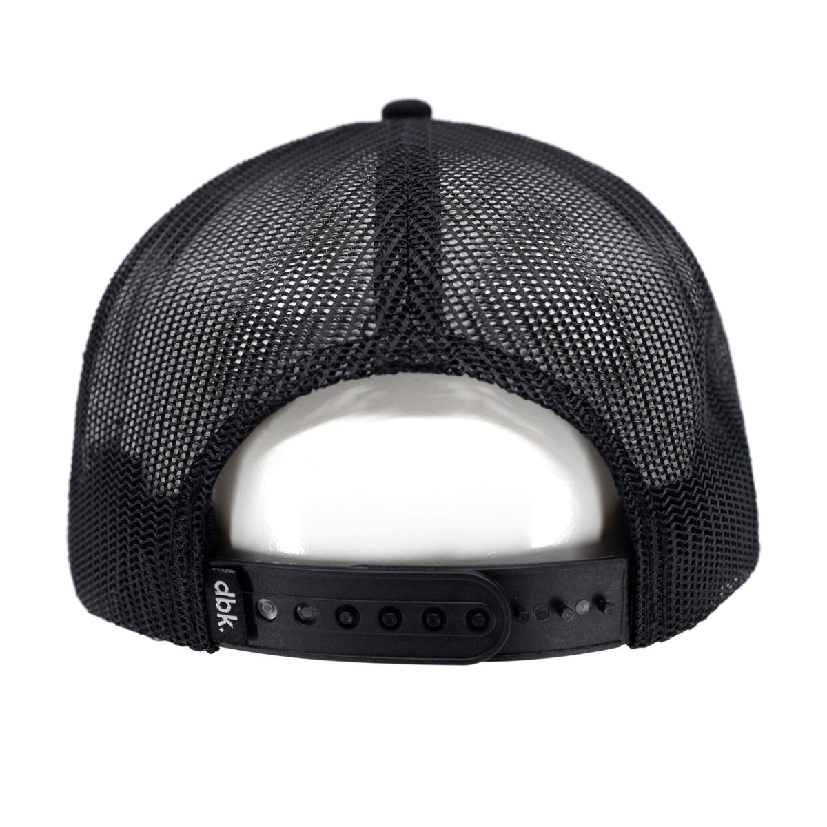 Black trucker cap mesh back and adjustable snap strap
