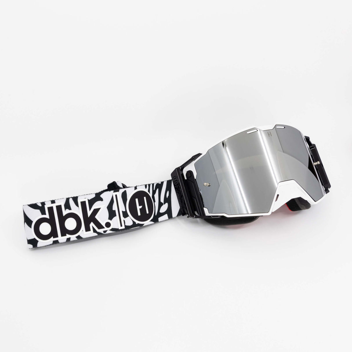 Helios goggles with white frame, mirrored gray lens, and black-and-white strap