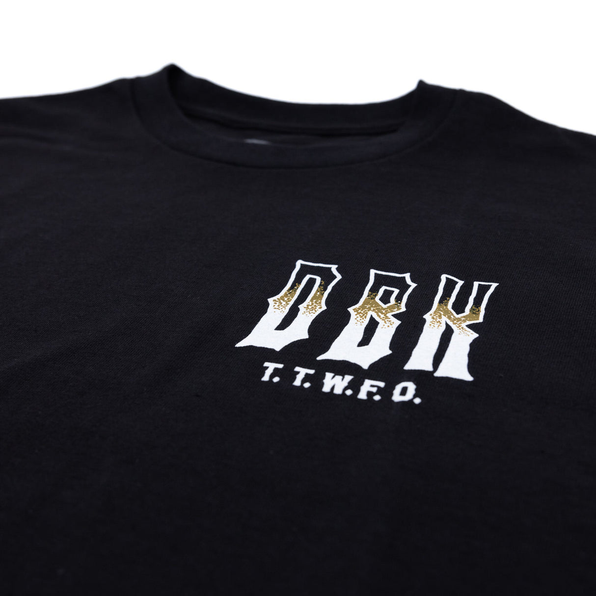 Black youth premium tee front close-up of DRK logo and T.T.W.F.O.