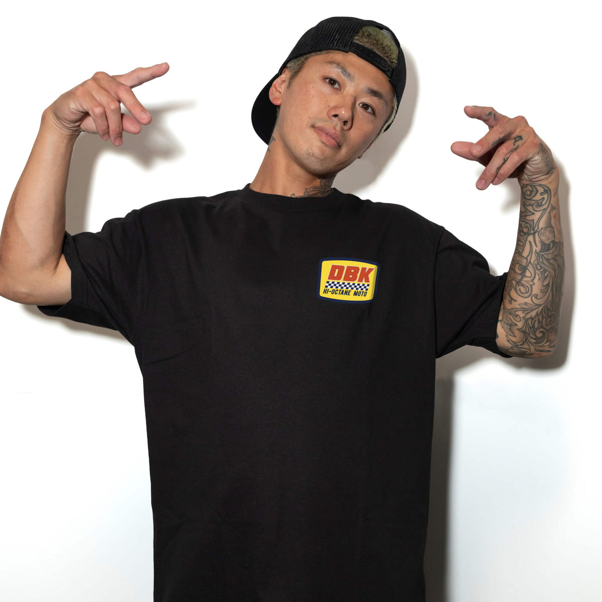 Black crewneck T-shirt with DBK Hi-Octane Moto chest logo, short sleeves