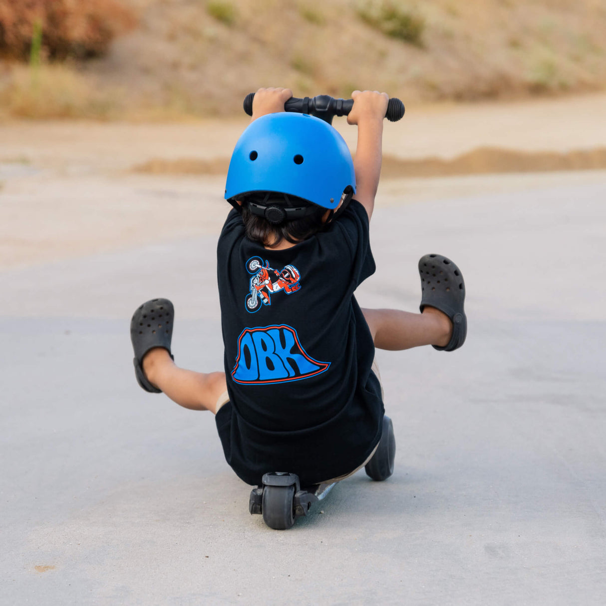 Toddler black T-shirt with back motorcycle rider and ORK ramp graphic