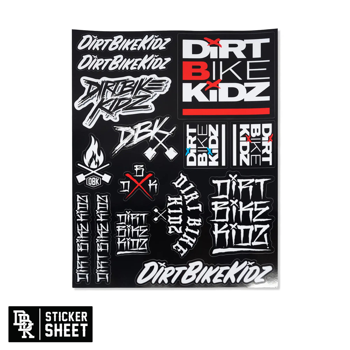 Sticker sheet with Dirt Bike KidZ graffiti bike decals and 'Sticker Sheet' label in the corner