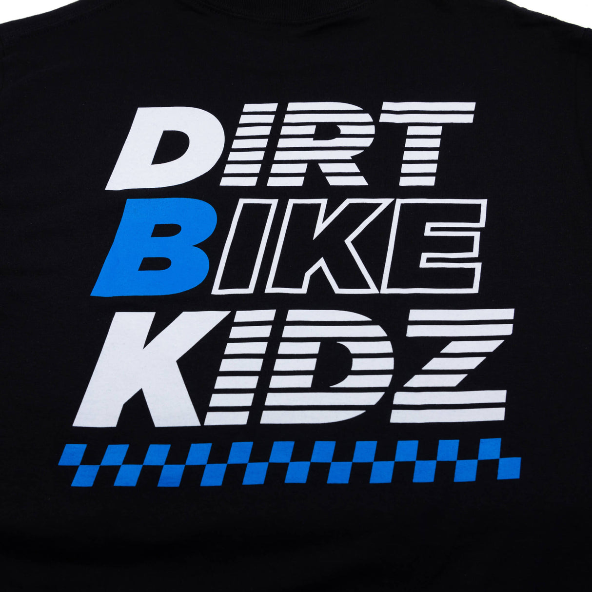 Black Balance Tee graphic close-up: DRV BIKE KIDZ with blue check trim.