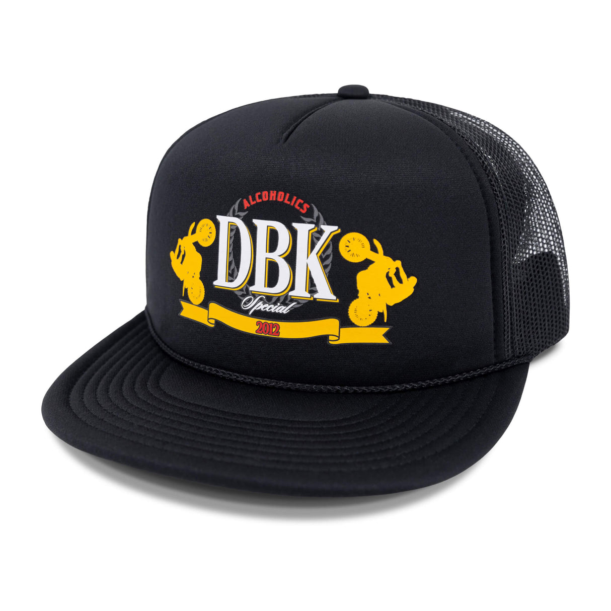 Black trucker hat with front panel and mesh back, yellow DBK logo on crown