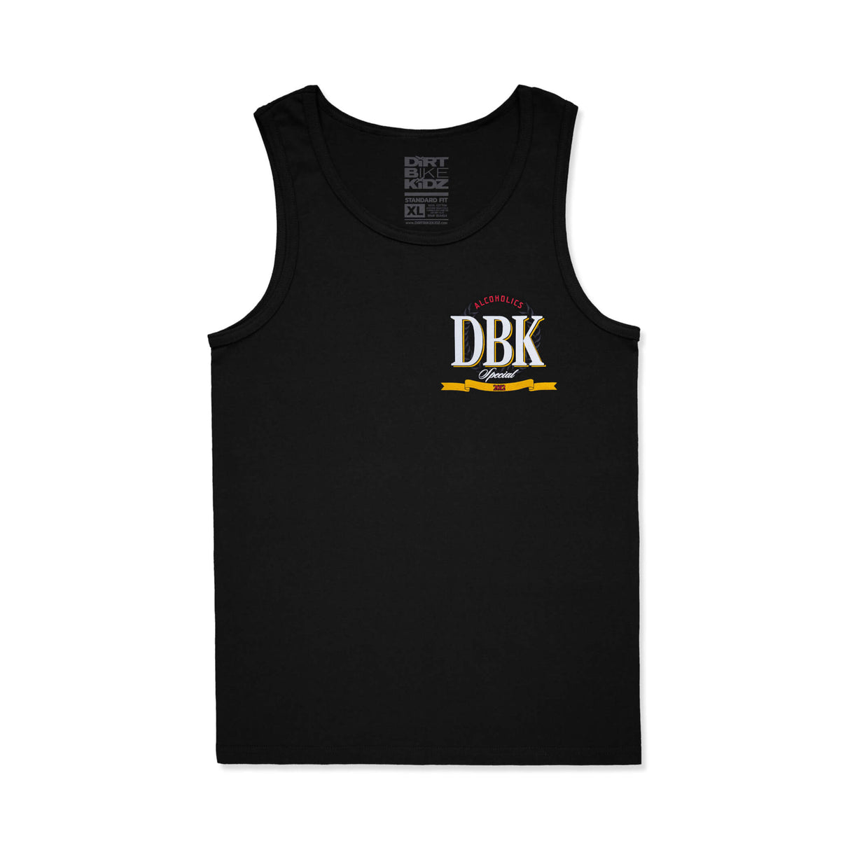 Black tank top with small DBK Special logo graphic on the front