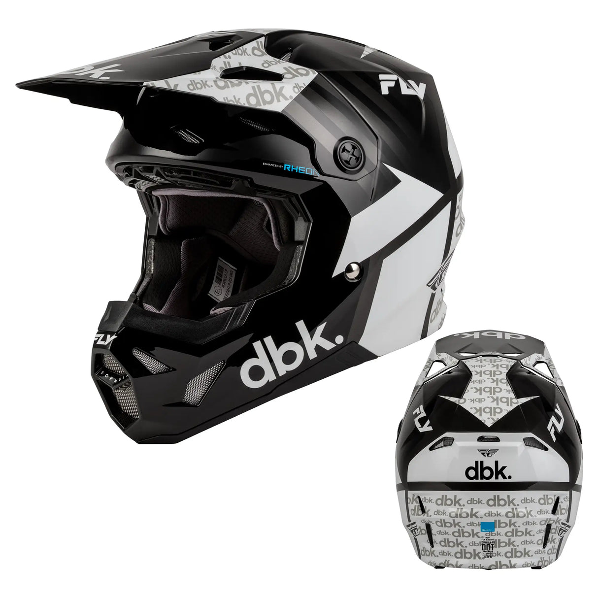 Motorcycle helmet with black and white Formula CP graphics, open-face with chin guard