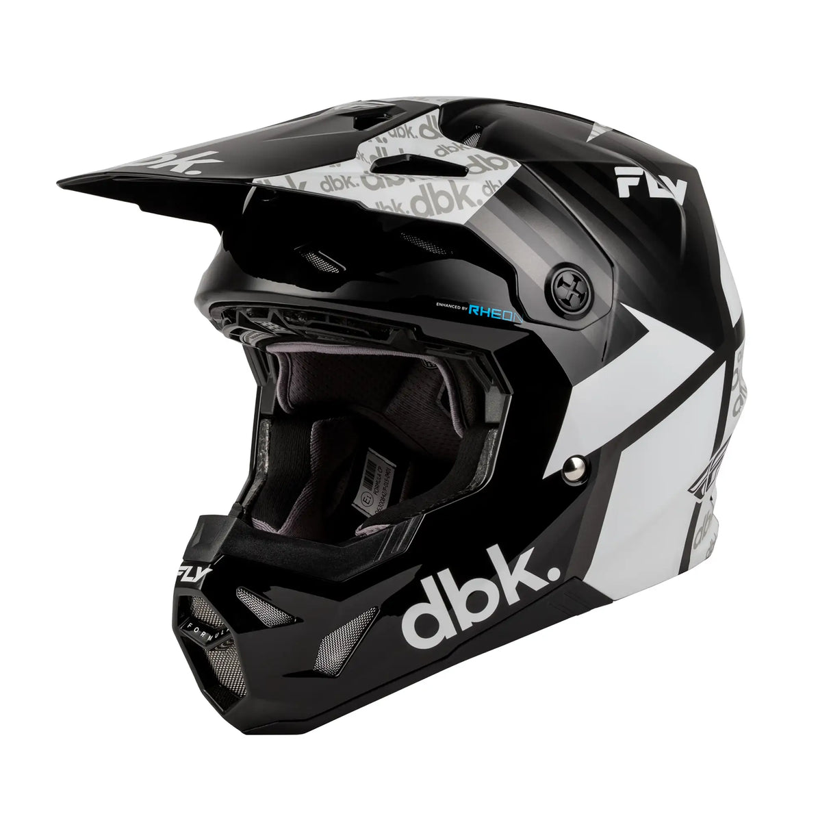 Open-face motorcycle helmet in black and white with dbk logo and front visor