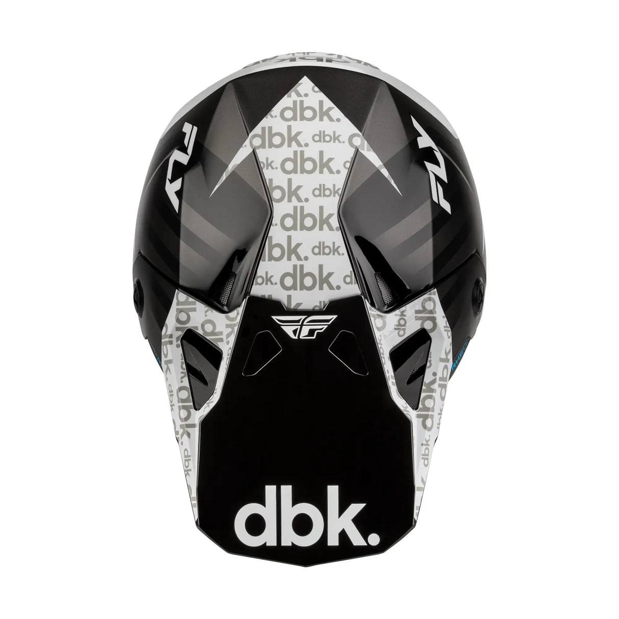 Youth motocross helmet rear view, glossy black shell with white trim and dbk branding