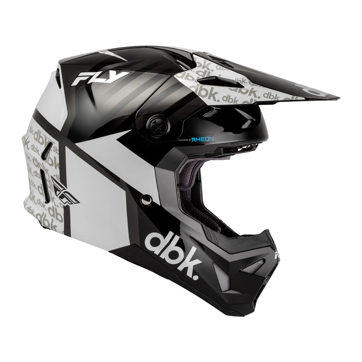Black and white open-face motorcycle helmet with FLY branding, RHEON badge, side graphics
