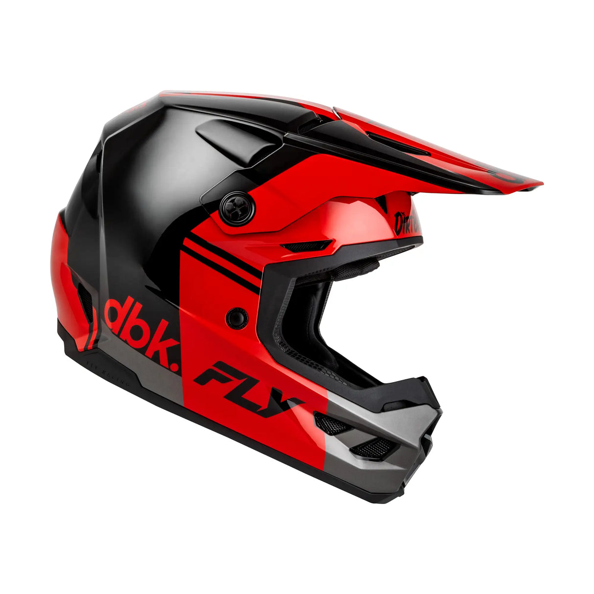 Kinetic motocross helmet side profile with glossy black shell and red accents, chin guard