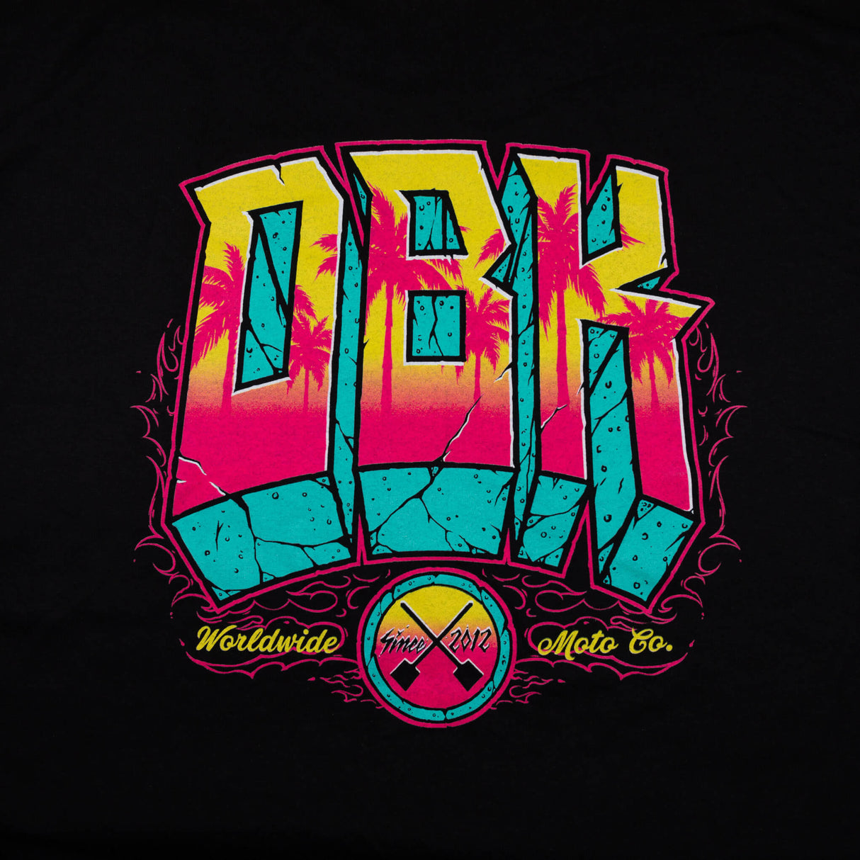 Black tank top with large multicolor block letter back print and circular emblem