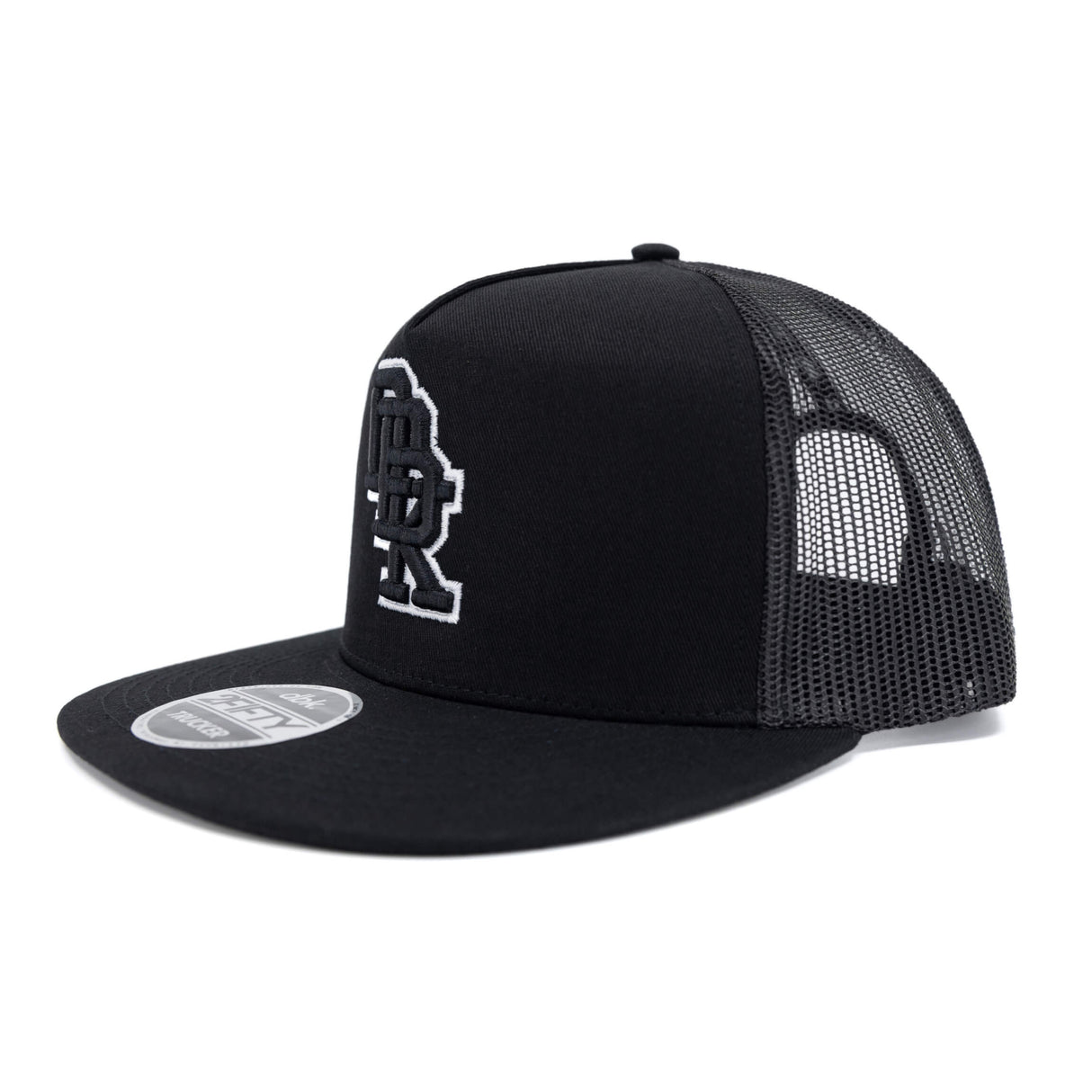 Black trucker cap with side mesh panels and white DBK 2Fifty logo on front