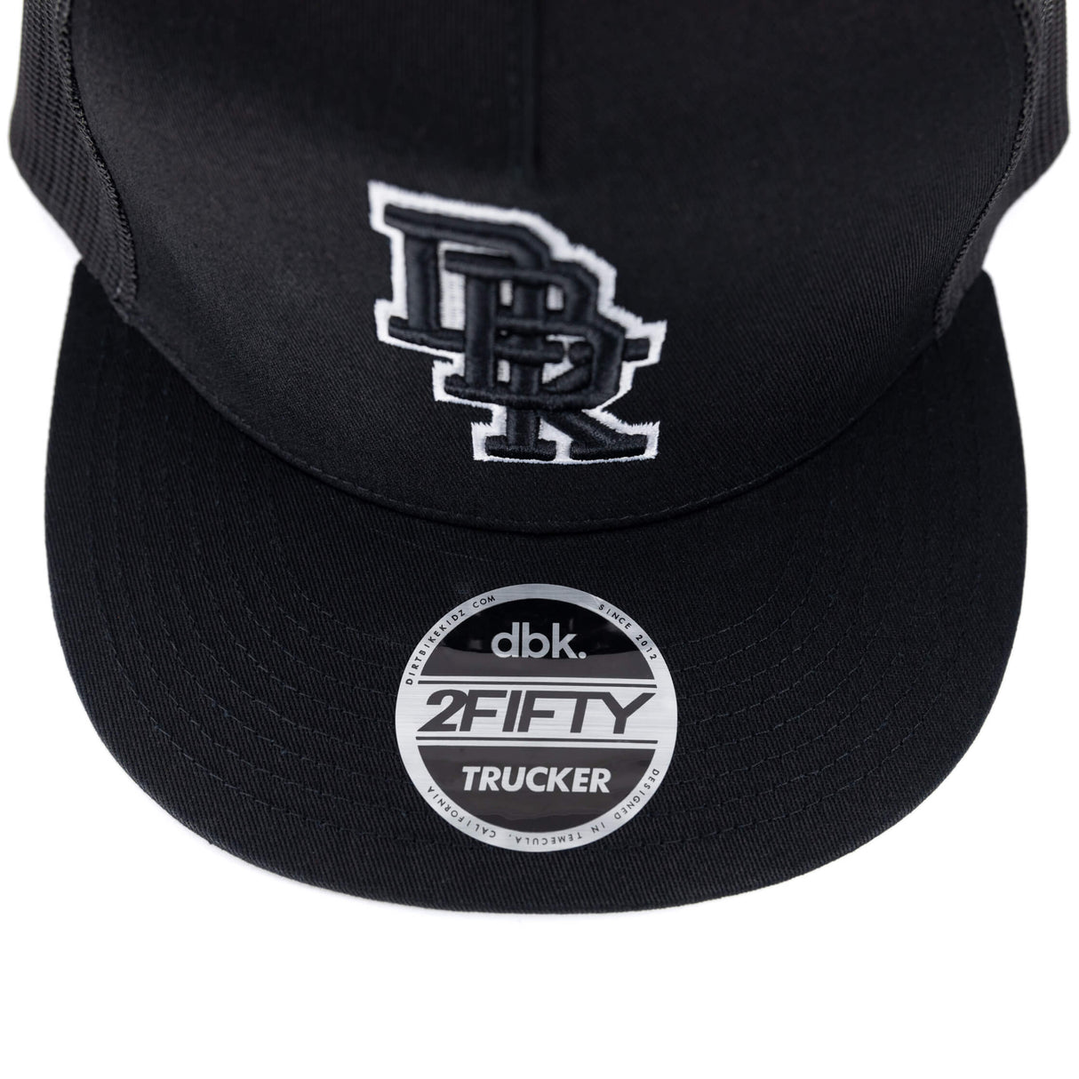 Black trucker cap front with white DBK 2Fifty logo embroidery