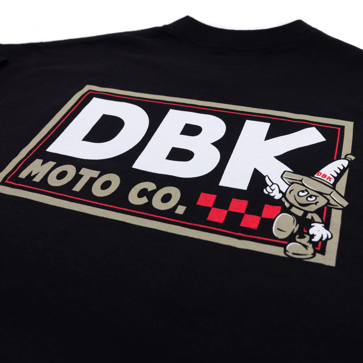DBK Moto Co. rectangular logo graphic printed on a black T-shirt back.