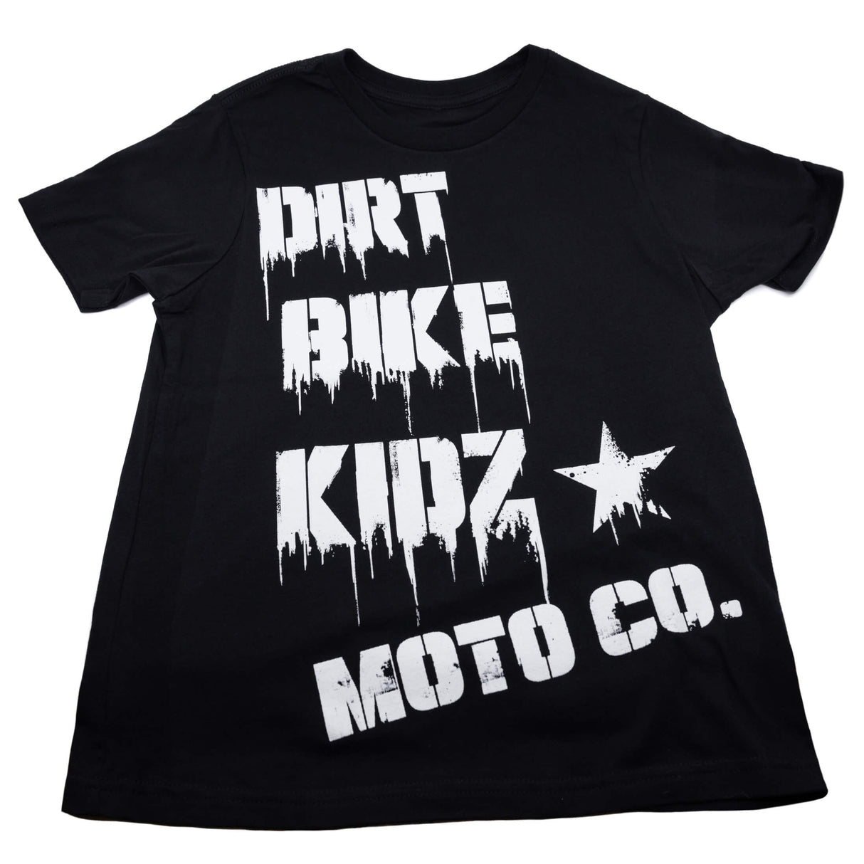 Youth premium tee front view: black shirt with white "DIRT BIKE KIDZ" and "MOTO CO."