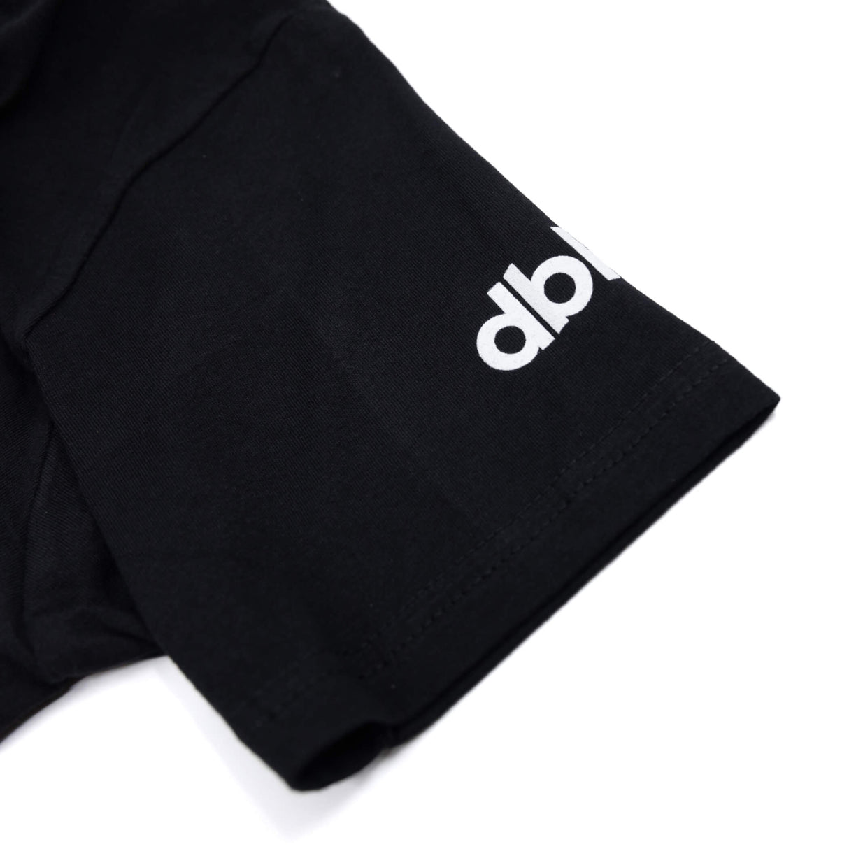 Black T-shirt sleeve with white 'di' logo print