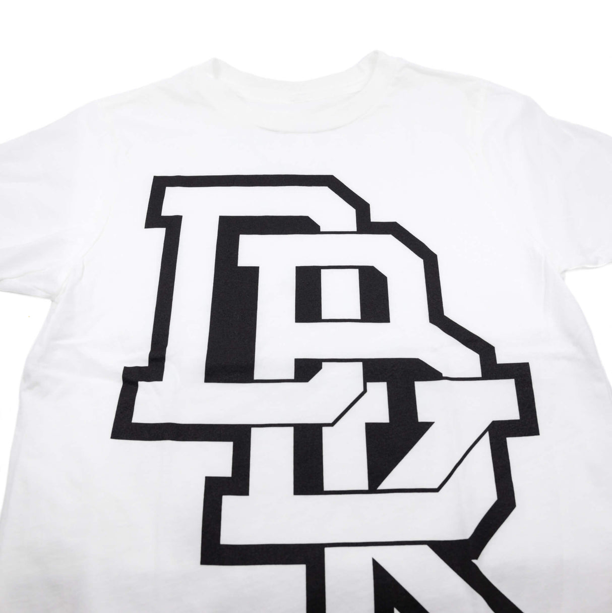 White crewneck T-shirt with centered black stacked logo graphic on the front