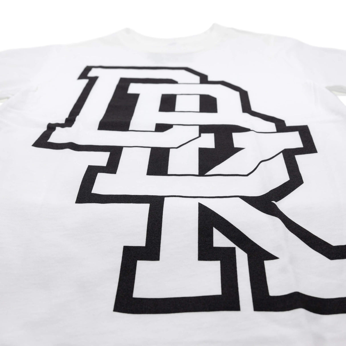 Youth premium T-shirt graphic close-up, white with thick black stacked letter design