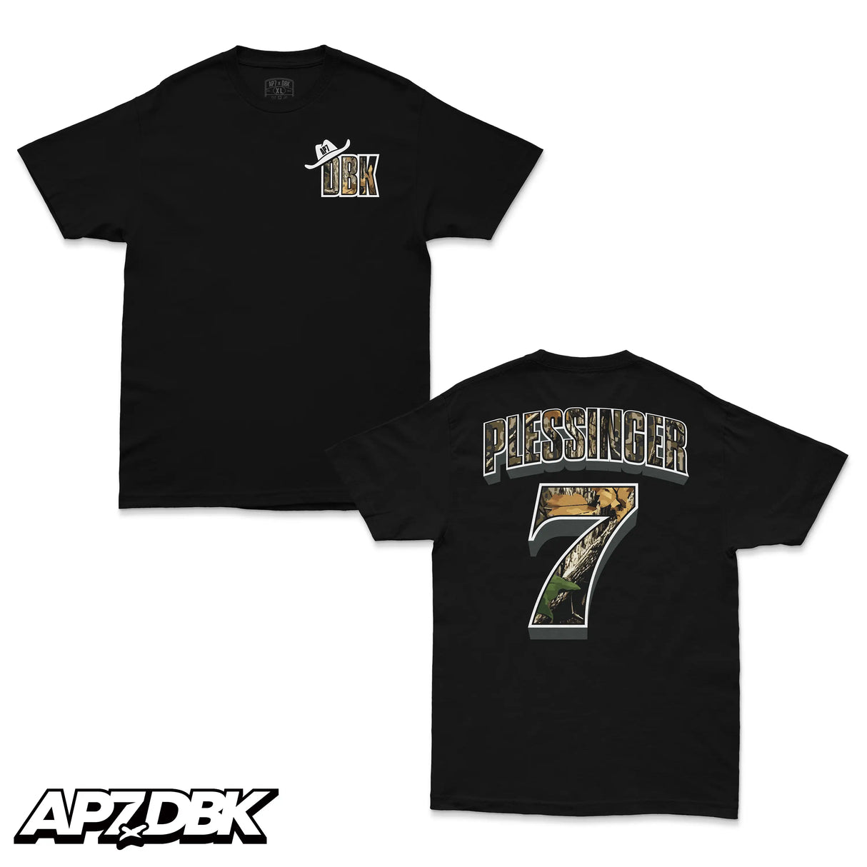 Black T-shirt with DBK chest graphic, small AP7 hat logo