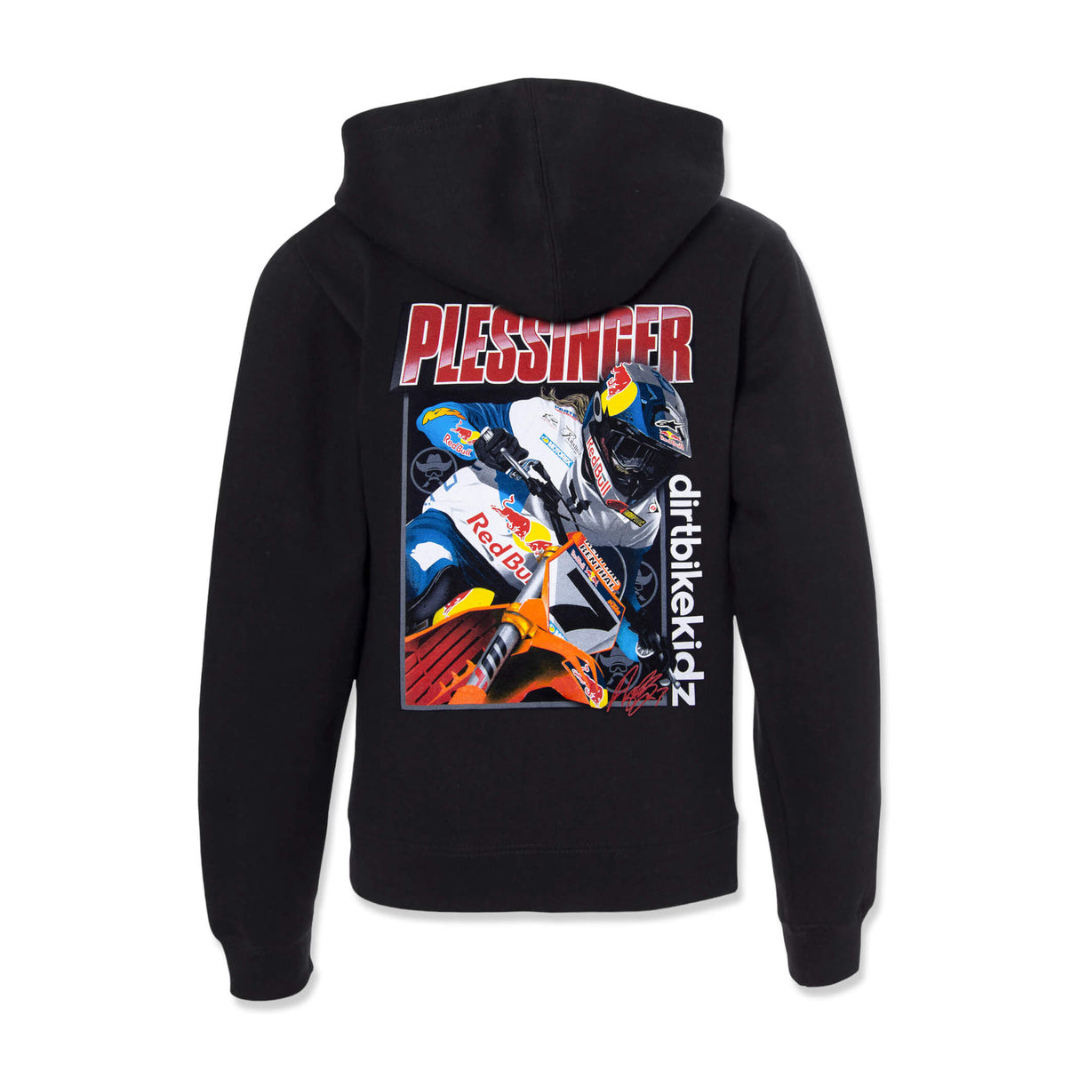 Youth black hoodie back view with large Pliessinger racing graphic