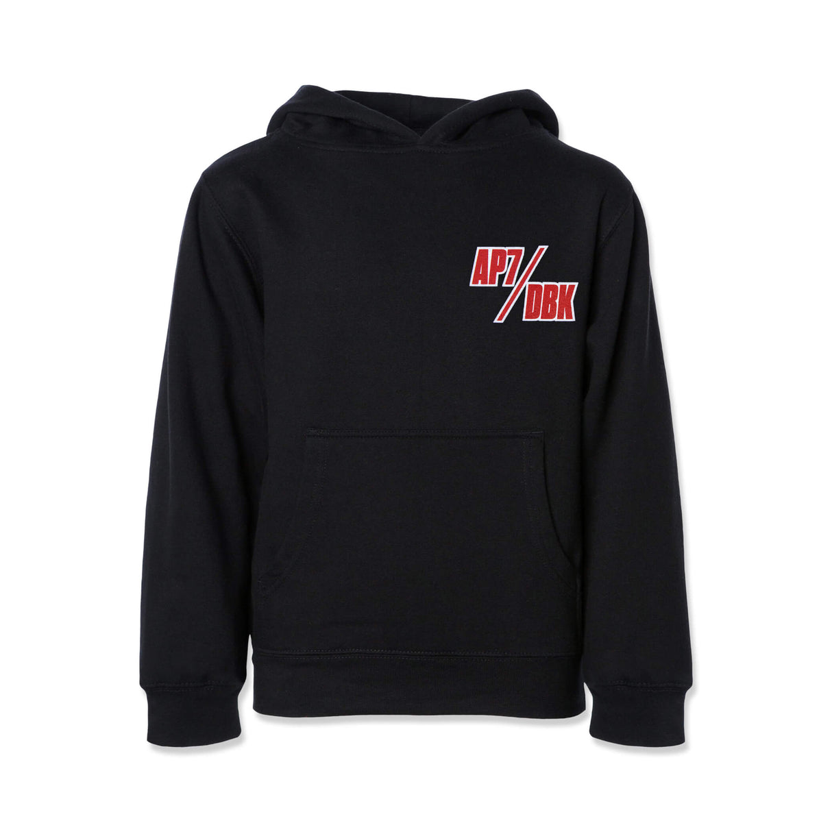 Youth black hoodie back view with small AP7/DBK logo