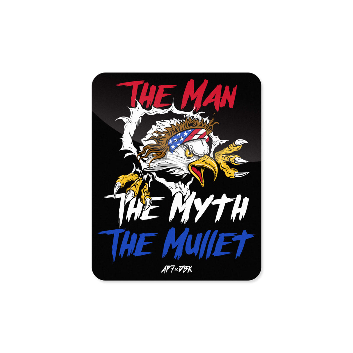 Black square sticker with eagle graphic and blue 'THE MYTH' style lettering