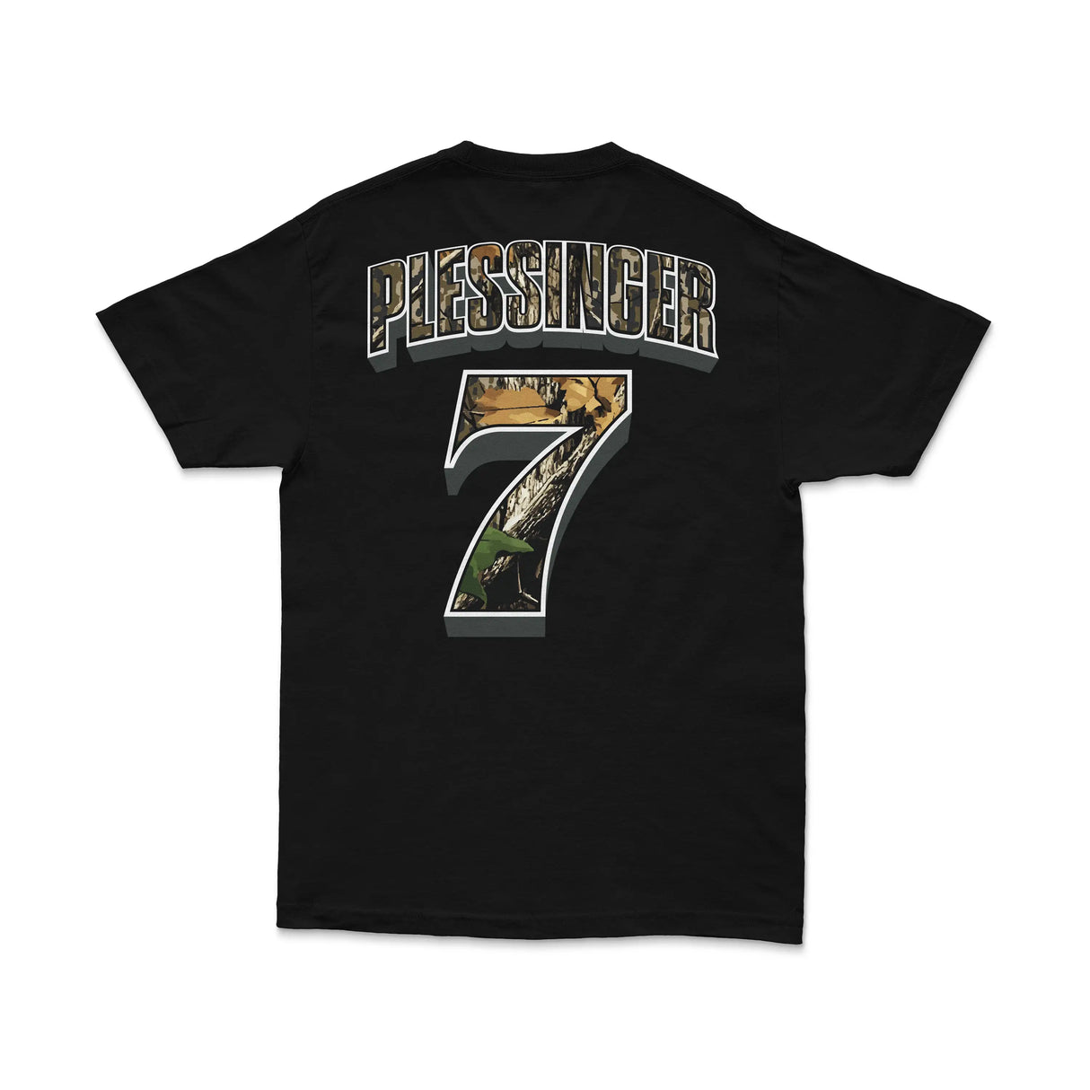 Black T-shirt with Plessinger 7 back graphic