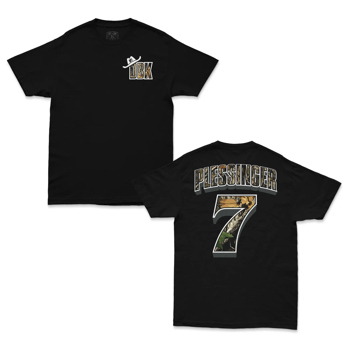 Black T-shirt front DBK logo and back Plessinger 7 graphic