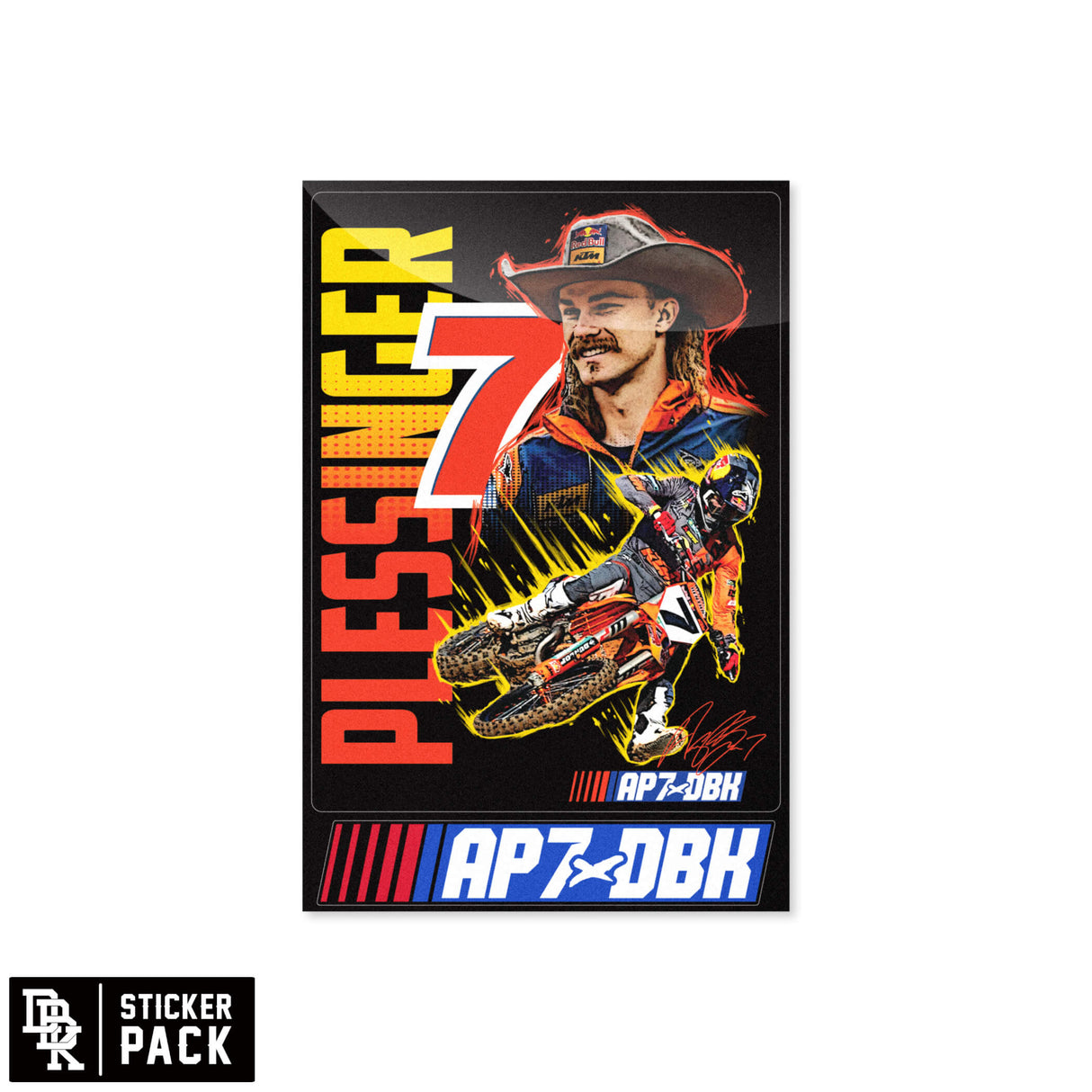 Racing rider sticker pack with helmet-and-bike artwork and AP7/DBK graphics