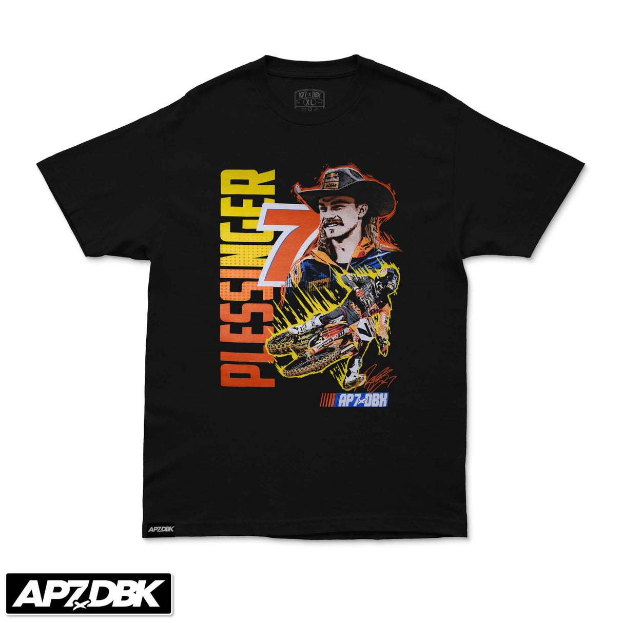Black AP7 graphic T-shirt with colorful motorsport illustration on front.