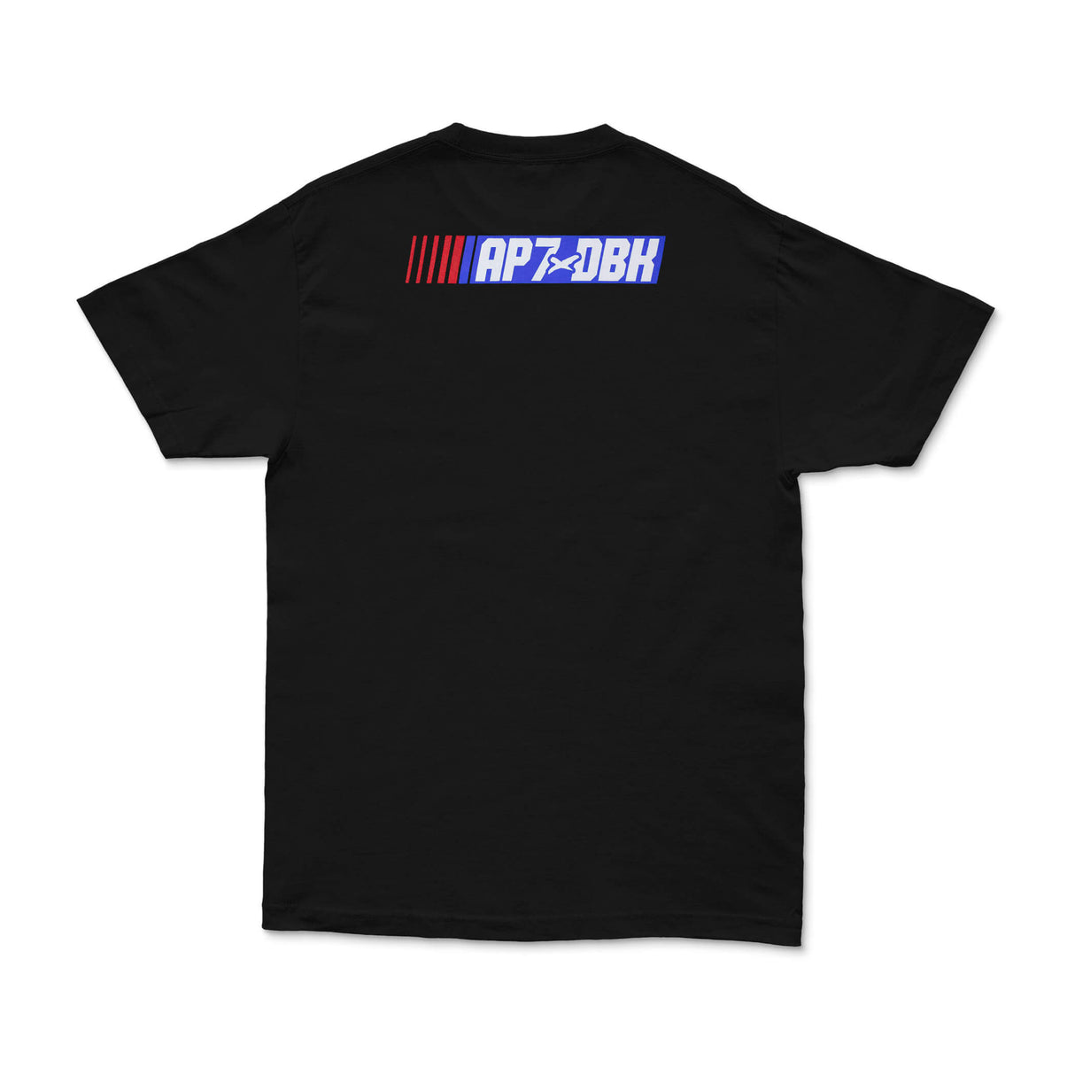 Black AP7×DBK back print T-shirt with blue logo and red stripe graphics.