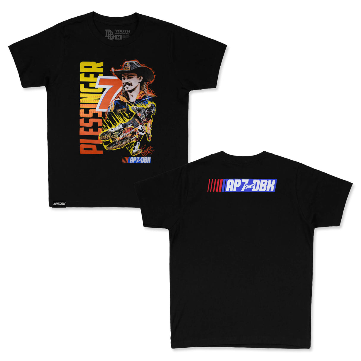 Youth black graphic T-shirt set showing front and back views with AP7 branding.