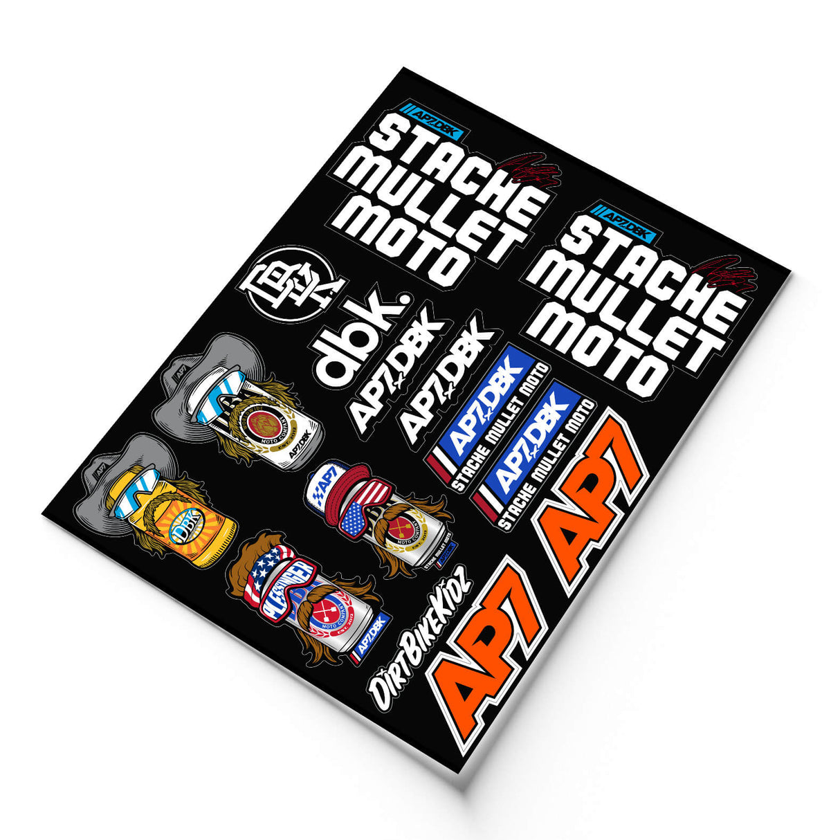Sticker sheet with 'Stache Mullet Moto' text, helmet decals, and large AP7 graphics