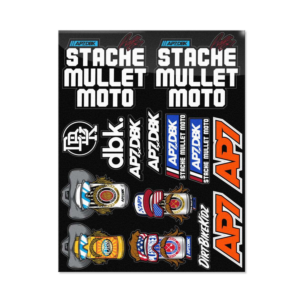 Sticker sheet with 'Stache Mullet Moto' text, AP7 flags, and multicolor emblem stickers