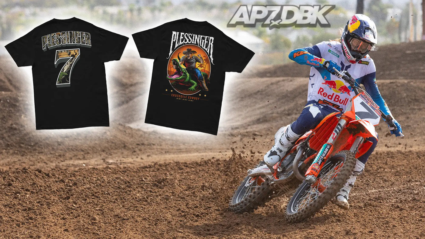 Two black t-shirts with 'Aaron Plessinger' branding and AP7 dirt bike rider on a track.