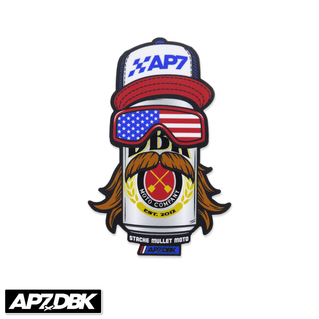 Sticker with AP7 cap, red brim, American flag goggles, and mustache-mullet rider graphic