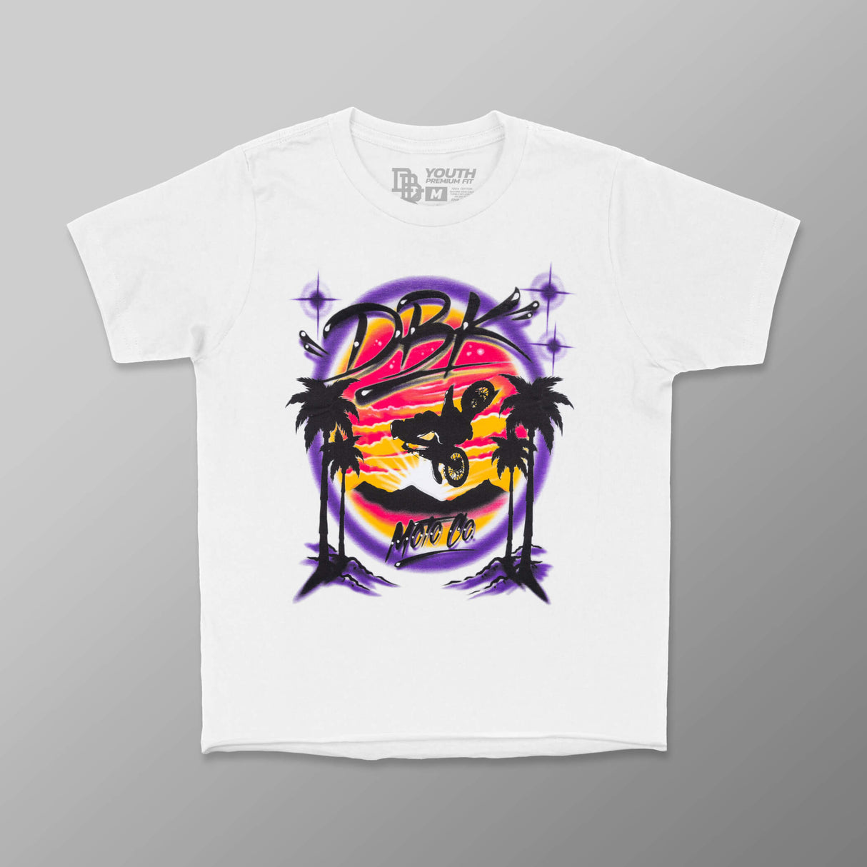 Youth girls white graphic T-shirt featuring a bold neon motorcycle front design