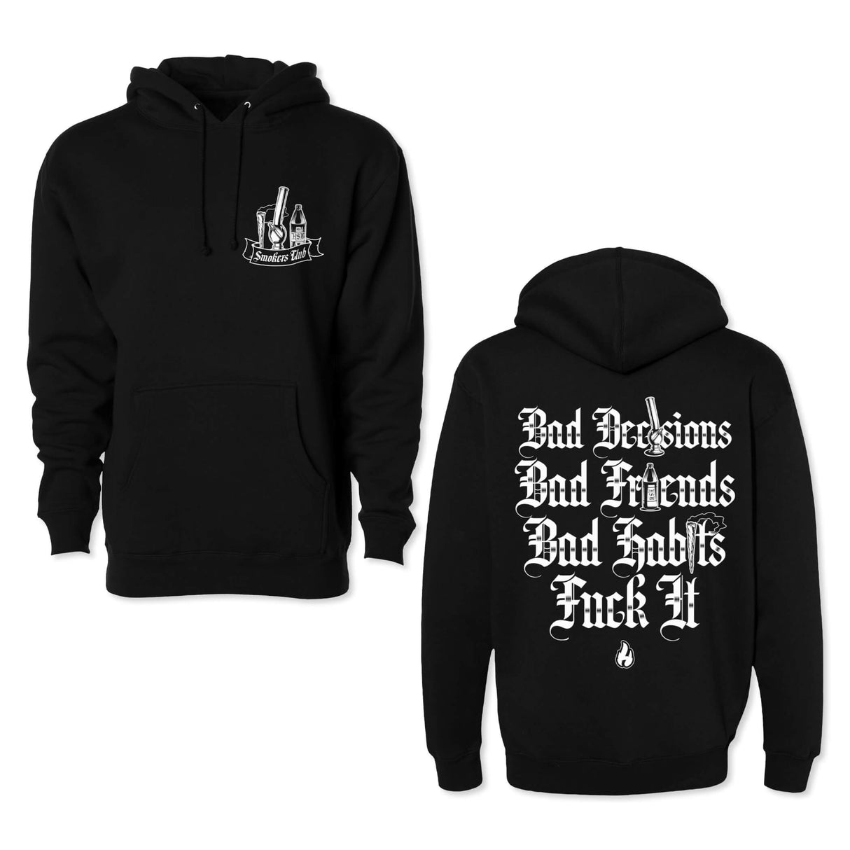 Black hoodie set shown front and back, with chest logo and large white text graphic