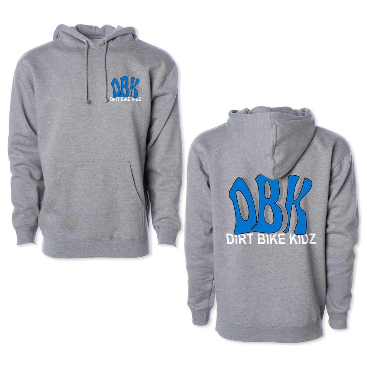 Gray pullover hoodie with kangaroo pocket, blue DBK and DIRT BIKE KIDZ logo on chest